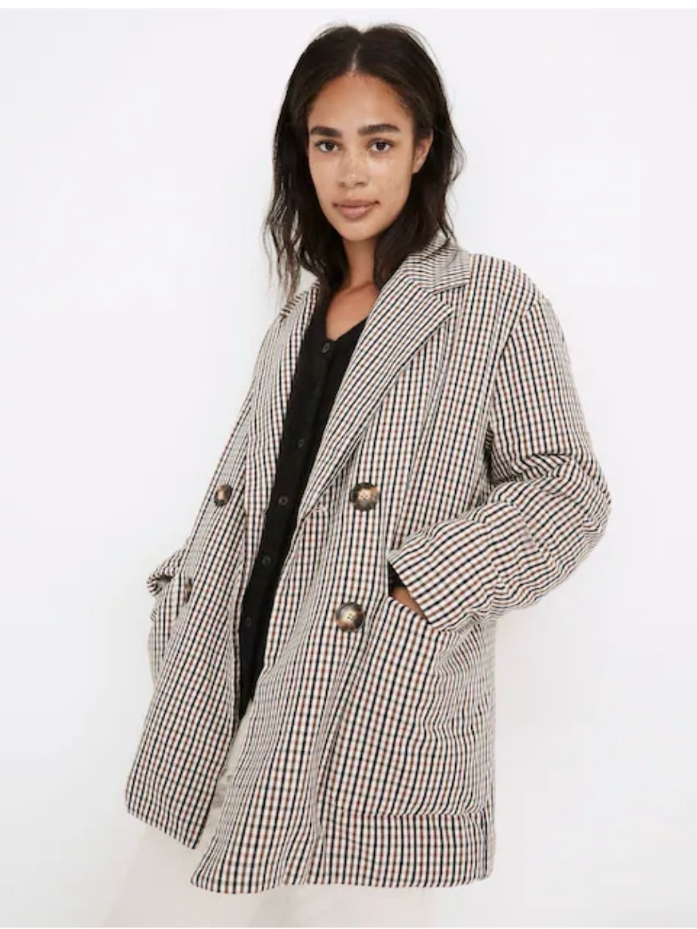 Madewell Quilted Check Coat in Brown, Cream & Black